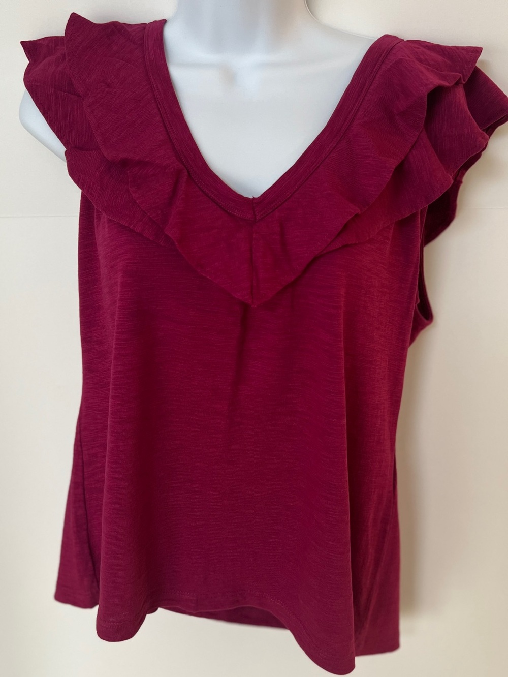 WHBM Wine Ruffle Neck Top